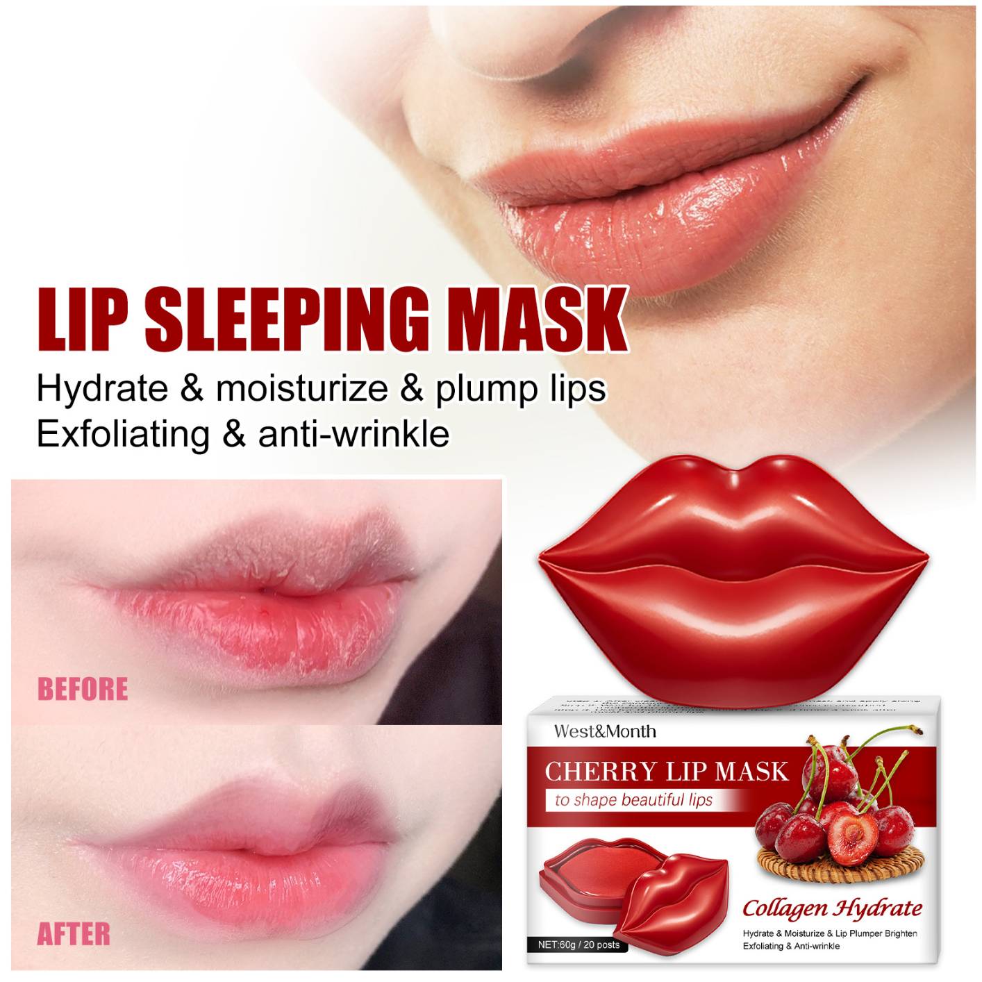 West&Month 20Pcs Lip Mask, Cherry Care Products, Moisturizing Sleeping Scrubs, Soothing for Dry Lips, Anti-Aging & Plumping Treatment, Reducing Line Sheet