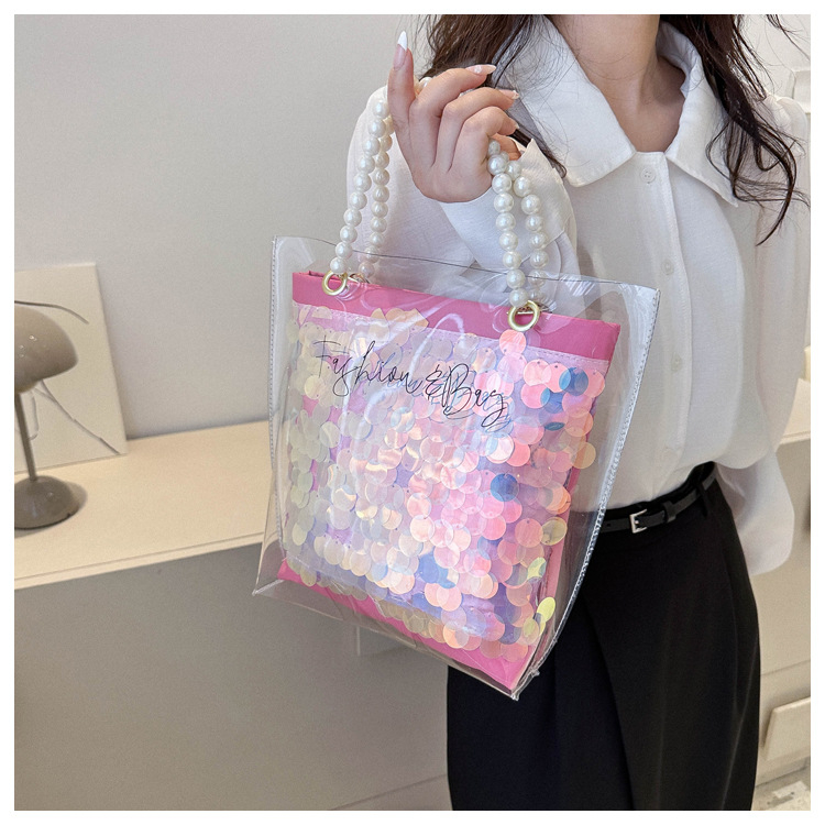 2024 New Transparent Laser Jelly Bag Shoulder PVC Pearl Tote Bag Fashion Shopping Bag