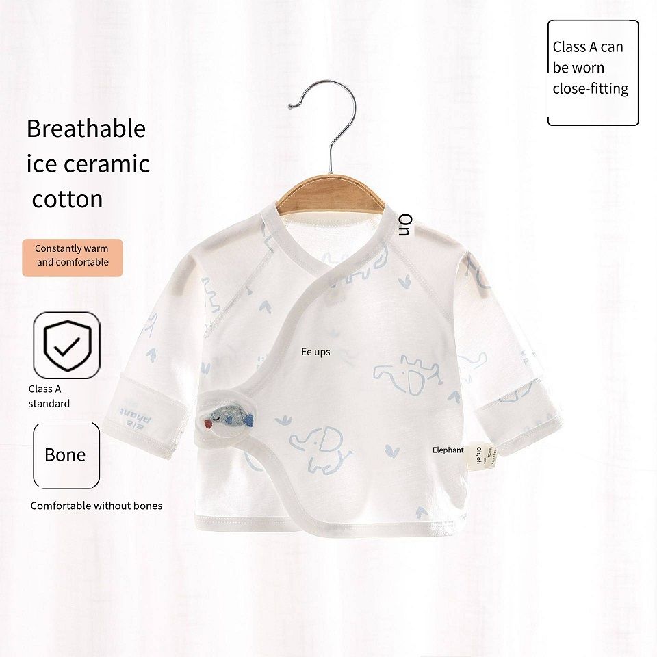 Newborn Ice Ceramic Cotton Kimono Top, No Bone Stitching Baby Half-Back Shirt, Breathable Wrap-Around Top with Magic Tape, Double Belly Protection, 52-59cme
