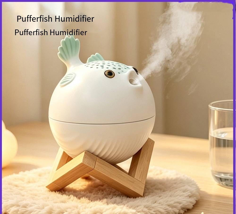 Cute Puffer Fish Mini Humidifier, USB Plug-in Silent Desktop Humidifier, Ultra Fine Large Mist Ultrasonic Aroma Diffuser with Gradient Night Light & Auto Shutoff, Portable Air Freshener for Home Office Bedroom Dorm