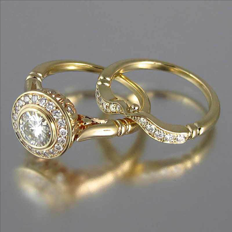 JZ-162 Women's Simple Fashion Gold Imitation Diamond 2-Piece Set Ring Alloy Plated Ring