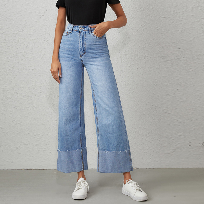 CL891-1 Women's High Waist Wide Leg Long Denim Pants Casual Pocket Jeans