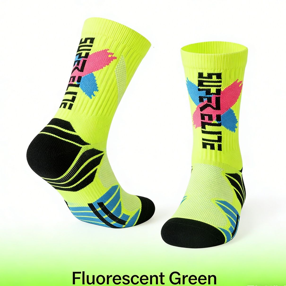 Men's High-Calf Marathon Running Socks, Professional Basketball Socks with Thickened Terry Sole, Cushioned Shock Absorption Athletic Socks for Running, Basketball, Training
Yellow-Blue-Pink