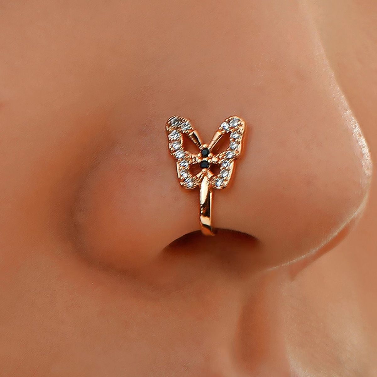 089 Women's Fashion Personality U-Shaped Nose Ring, Rhinestone Butterfly Nose Ring