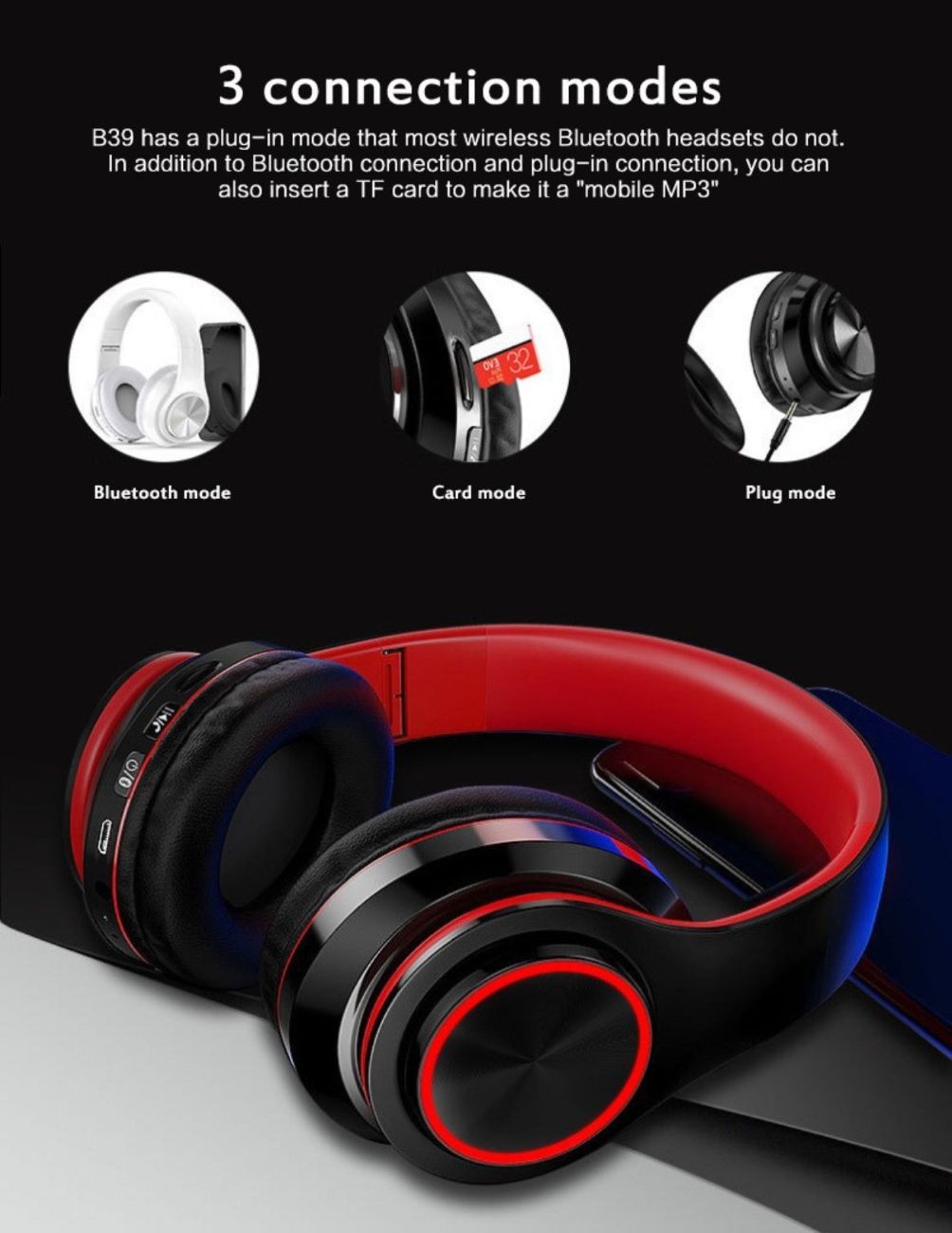 Over-Ear Bluetooth Headphones, Wireless, LED Light, Deep Bass, Foldable, with SD Card Slot, Red