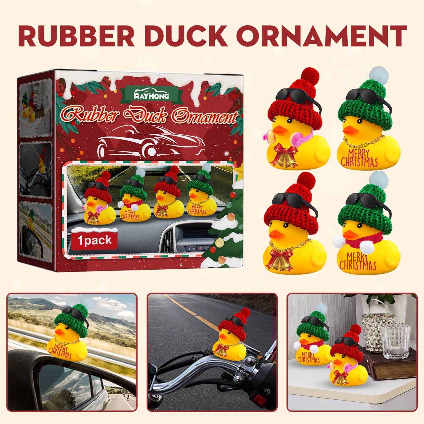 Rayhong Car Rubber Duck Decoration Ornament Yellow Duck Christmas Gift for Auto Dashboard Rearview Mirror Bicycle Motorcycle Accessories