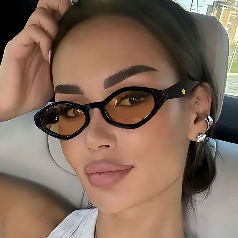 Retro Cat Eye Sunglasses, Fashion Polygon Frame UV400 Protection Shades, Women Trendy Black Oval Sunglasses with Gold Detail, Vintage Narrow Frame Eyewear for Party/Street/Outdoor, Multiple Colors Available