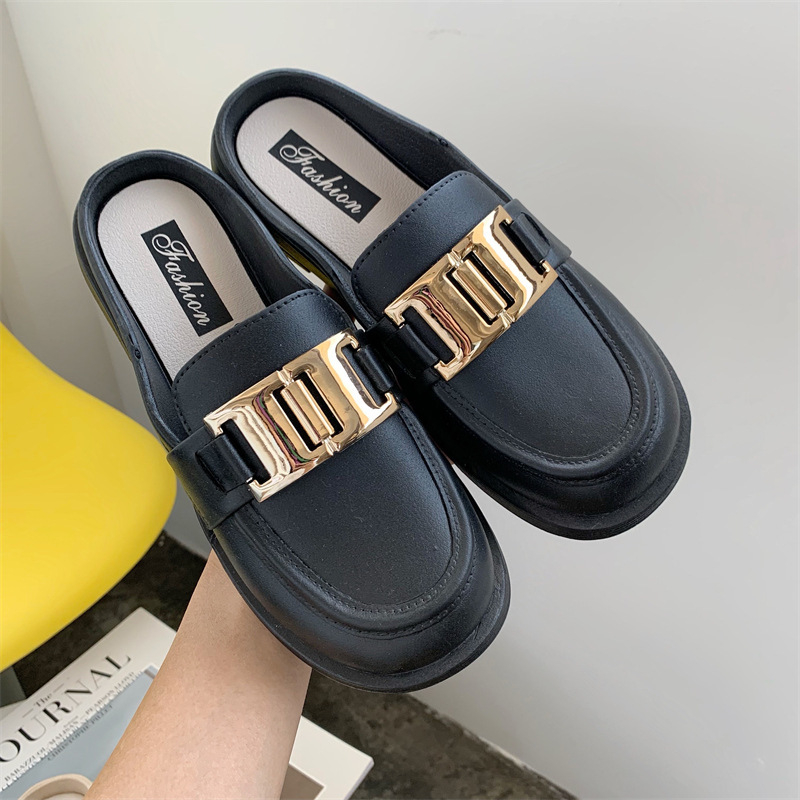 leather loafers Women's round-toe casual shoes Half-slippers for girls platform sandals