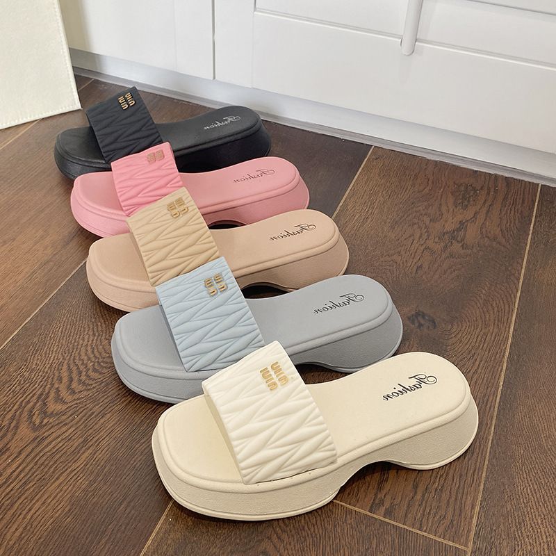 8868 Women's Summer New Fashion Solid Color Square Head Slippers Thick Sole Anti Slip Slippers