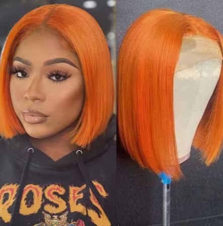 Straight Banngs-B BOBO-4X4 Lace Front Wigs, Orange Bob Human Hair Full Frontal Wigs,4X4 HD Closure Short Bob Wigs