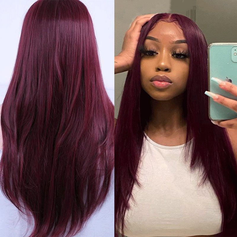 Women Wine Red Long Straight Wig, Middle Part Heat Resistant Synthetic Wig, Natural Silky Straight Hair, Breathable Mesh Inner Net Full Head Wig, Realistic Fashion Wig for Daily Party Casual Styling
