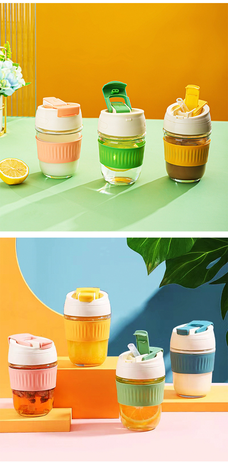 j77354 glass coffee mug with straw portable glass coffee cup with silicone sleeve
