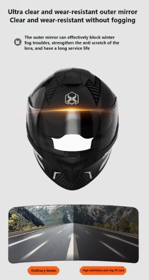 Motorcycle helmets; DOT/3C double certification; Comfortable to wear; Strong shell; Hd transparent mirror; The top head tuyere is not stuffy sweat; Double lens design length can be switched at will; Cool racing
