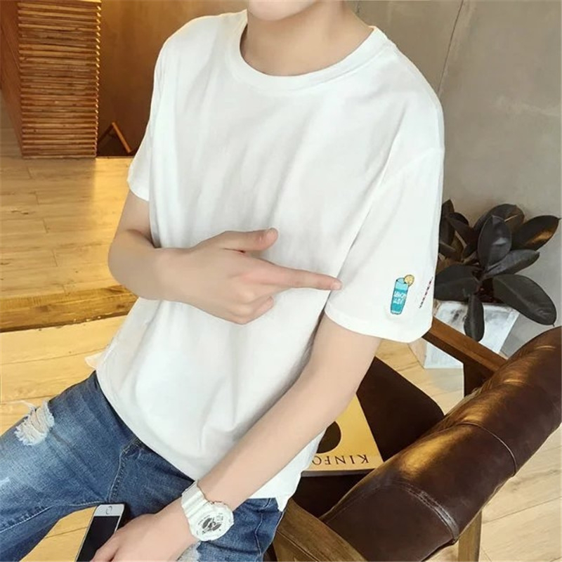 men's embroidered pattern T-shirt crewneck solid top loose fit
