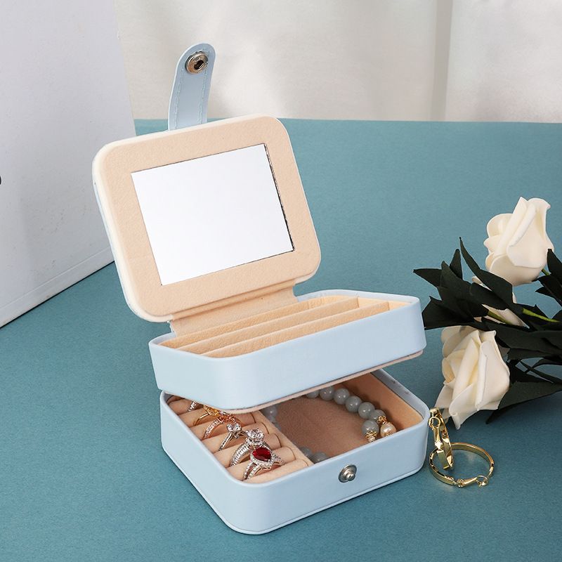 CD022-0418 Leather Blue Pink Travel Double Layers Luxury Jewelry Necklace Set Jewelry Packaging Box With Mirror