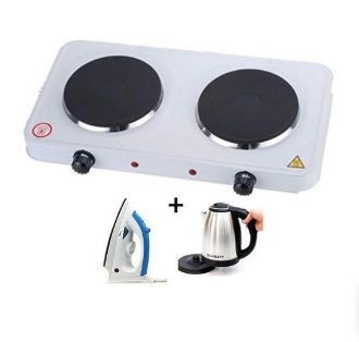 Durable Electric Hot Plate 2 Burner With Kettle and Iron - White