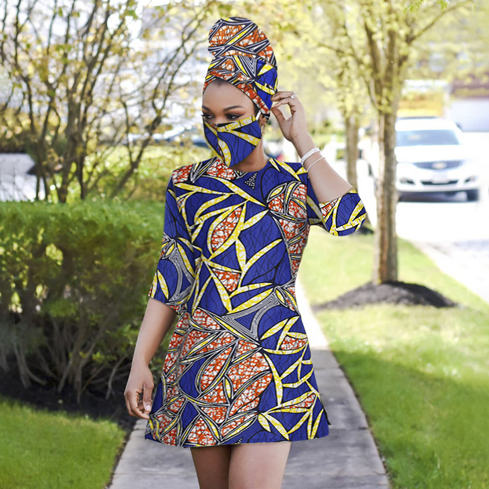S9015 African Dresses for Women Ankara Wax Print Plus Size Medium Sleeves Traditional Casual with Turban and Mask