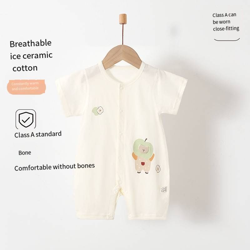 Baby Summer Ice Ceramic Cotton Romper, Short Sleeve No Bone Stitching Onesie, Breathable Infant Jumpsuit with Apple Bear Print, 66-80cm