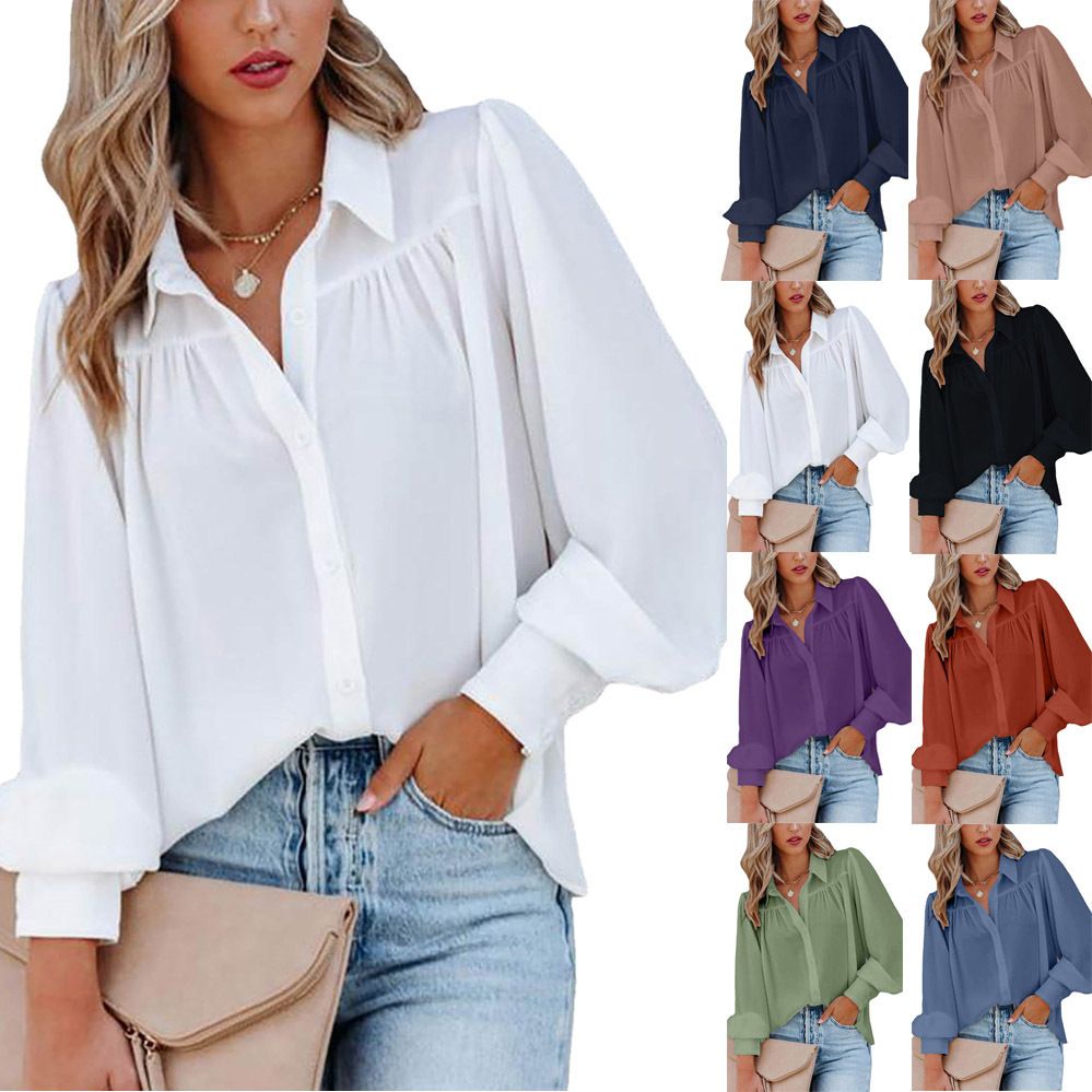 Women's Lantern sleeve pleated solid color stand collar loose shirt AL88112