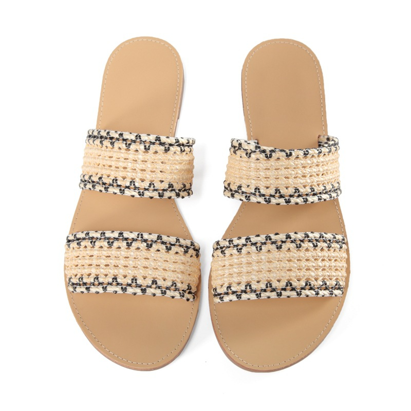 PL0055 Women's Braided Slide Sandals Open Toe Two Strap Slip On Flat Sandals Casual Summer ShoesBeige