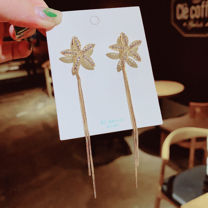 M393 M394 Women's Five-petal Flower Fringed Long Earrings Jewelry Gift