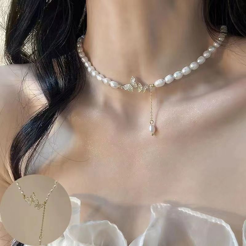 Various styles of fashion new pearl party necklace fashion high-end temperament clavicle chain net celebrity necklace clavicle chain niche dress accessoriesPearl Butterfly Necklace