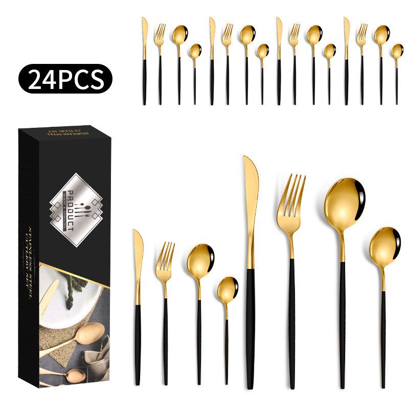 Stainless Steel Western Steak Knife, Fork And Spoon Gold 24-piece Set