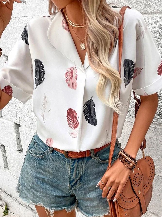 Summer 2024 new ladies lapel feather print short-sleeved shirt LWZ0189