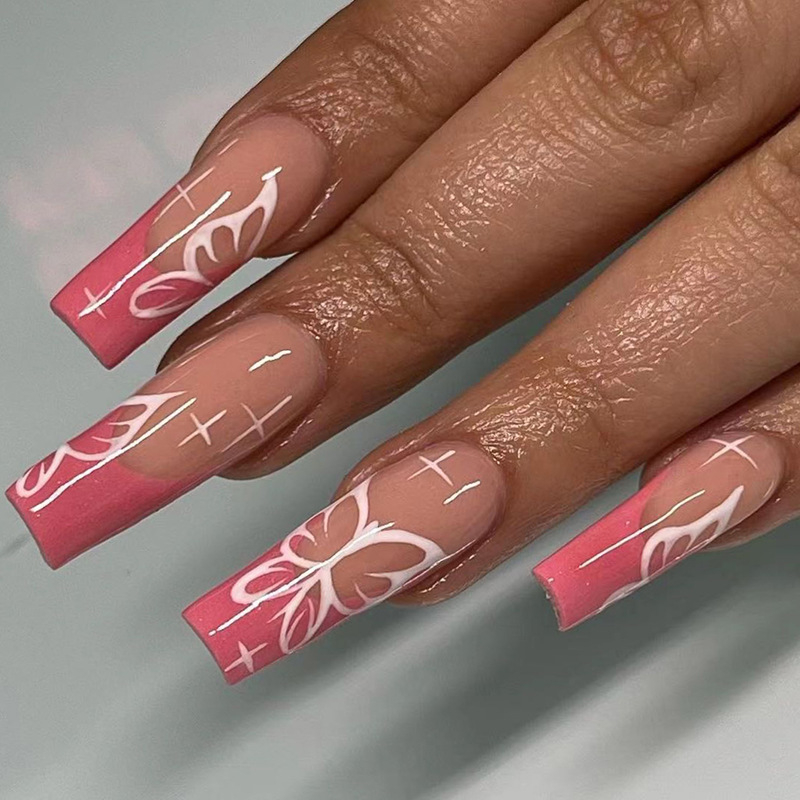 JP1617 24 Pcs Glossy Press on Nails, Super Long Coffin French Fake Nails with Butterfly Print, Full Cover Artificial False Nails for Women and Girls