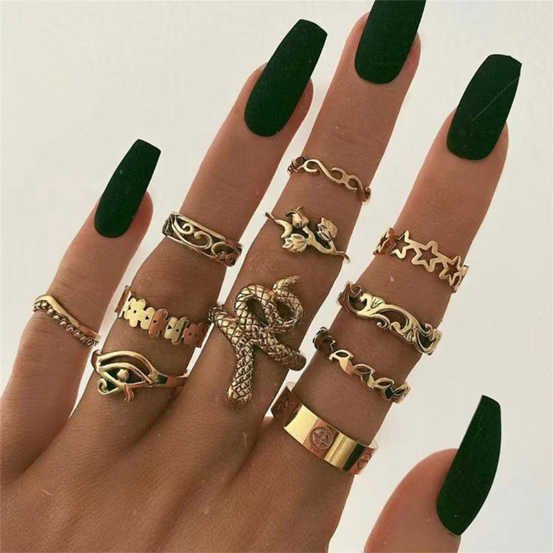 11Pcs/Set Rings Charm Gold Color Ring Set For Women Vintage Party Rings Punk Jewelry Gift 