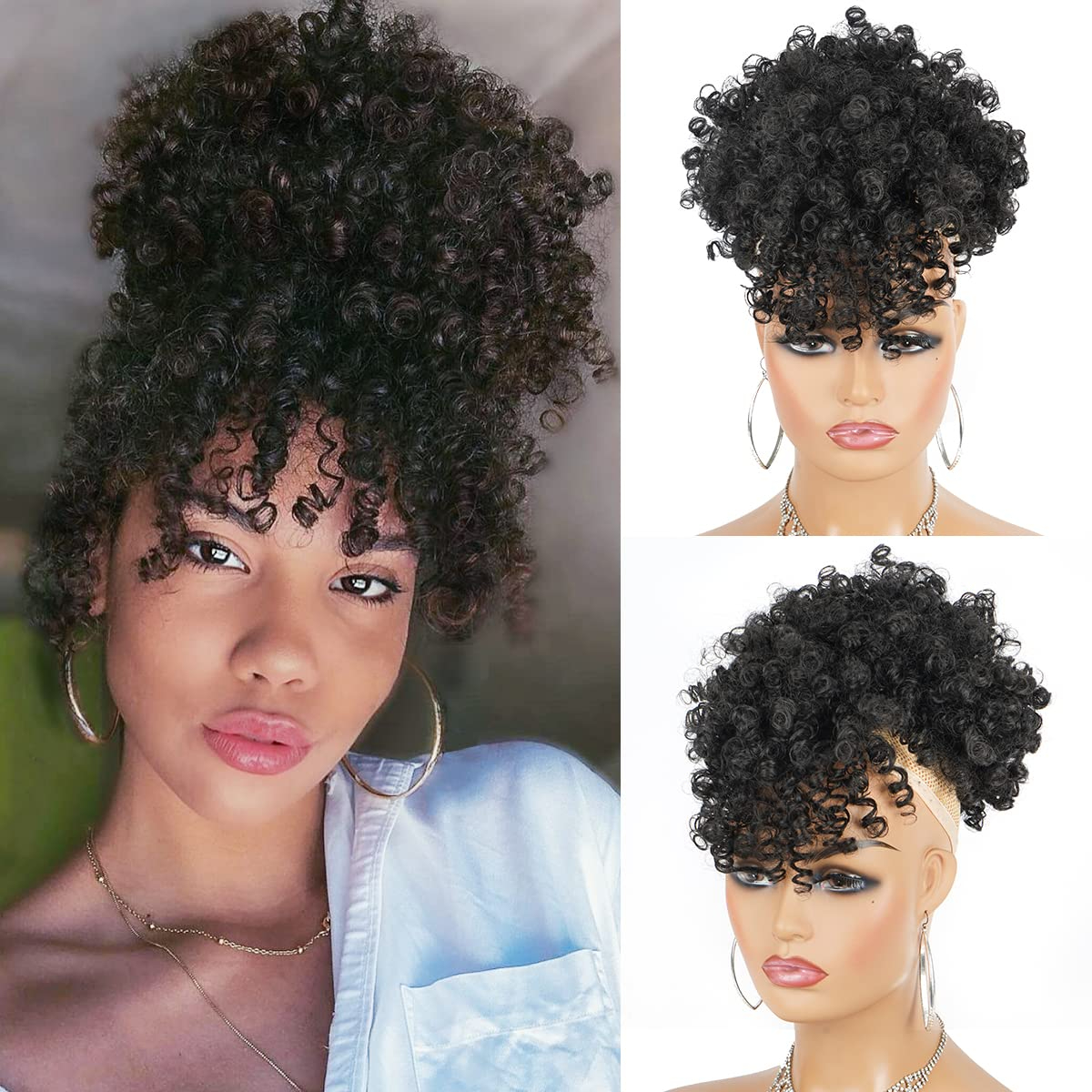 Kinky Curly Hair Bun for Women Afro Puff Drawstring Ponytail with Bangs Updo Hair Ponytail Clip In Extension