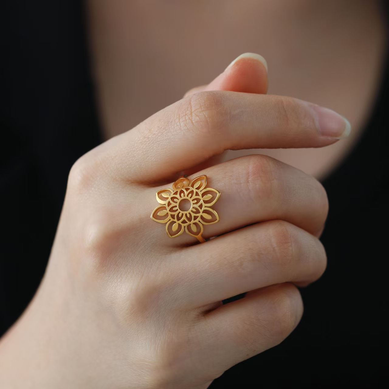 Gold Plated Titanium Steel Ring, Hollow Lotus Flower Openwork Statement Ring, Adjustable One Size Fashion Jewelry for Women, Elegant Boho Style Daily Wear Ring