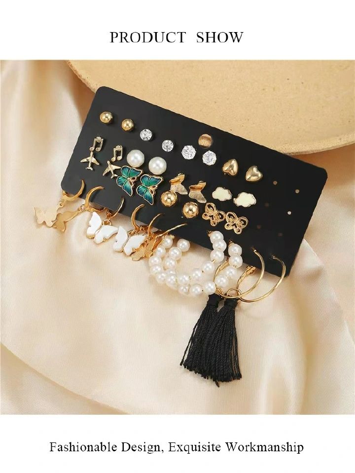 17 Pairs Fashion Stunning Earrings For Beautiful Girls Women's Fashion Accessories Jewellery Earrings Creative  Combination Note Pearl Breathtaking Earrings Sets