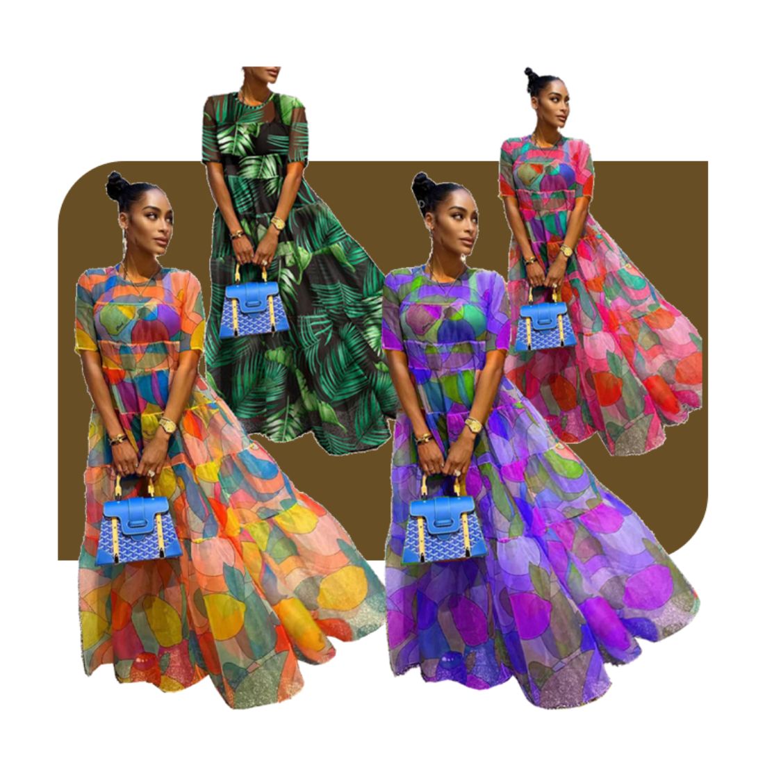 Ladies' gauze printed dress Office workers church tour seaside beach shopping long dress lady ladies woman women long dress silk gauze dress