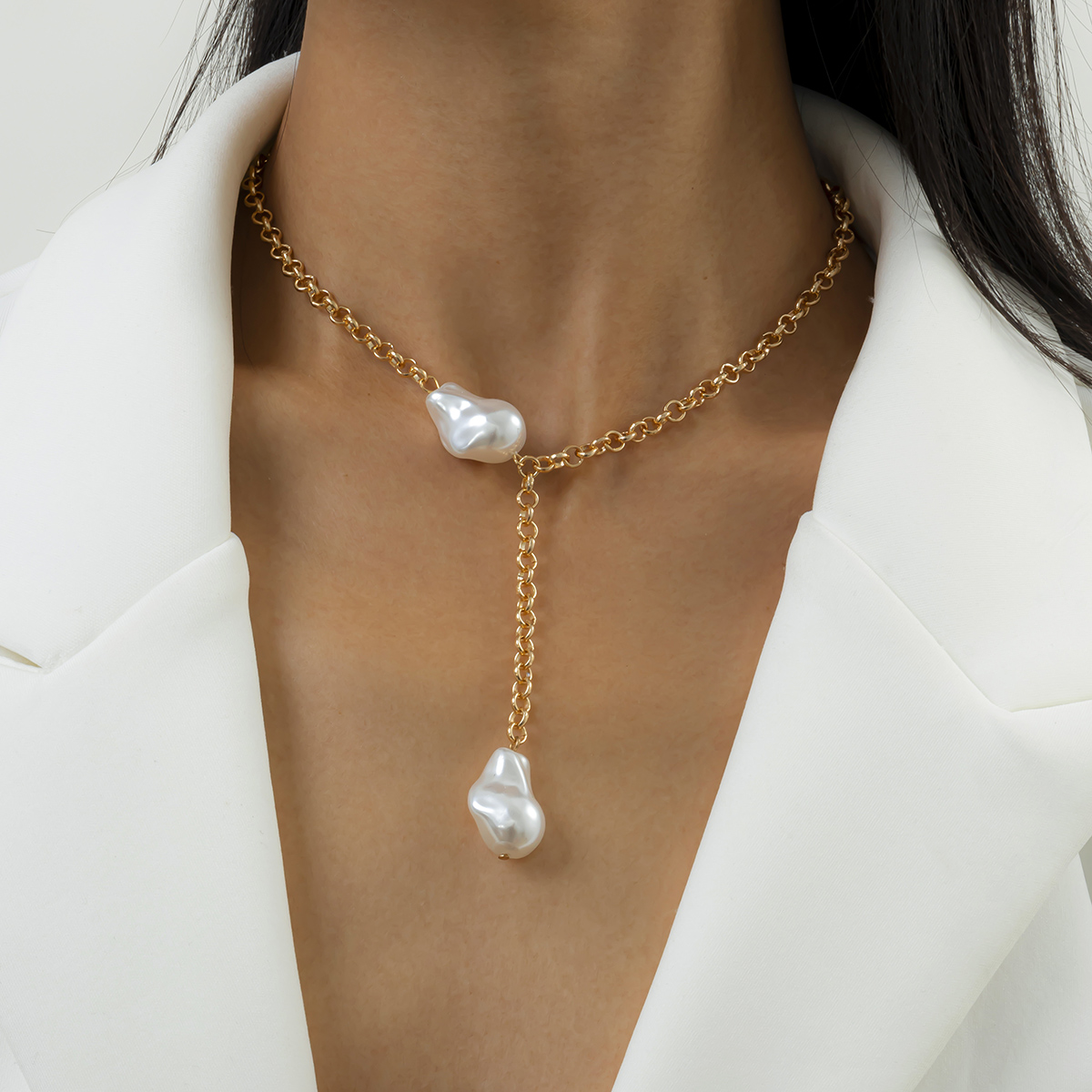 C03800 Baroque Irregular Shaped Faux Pearl Decor Pendant Necklace Vintage Link Chain Choker for Women