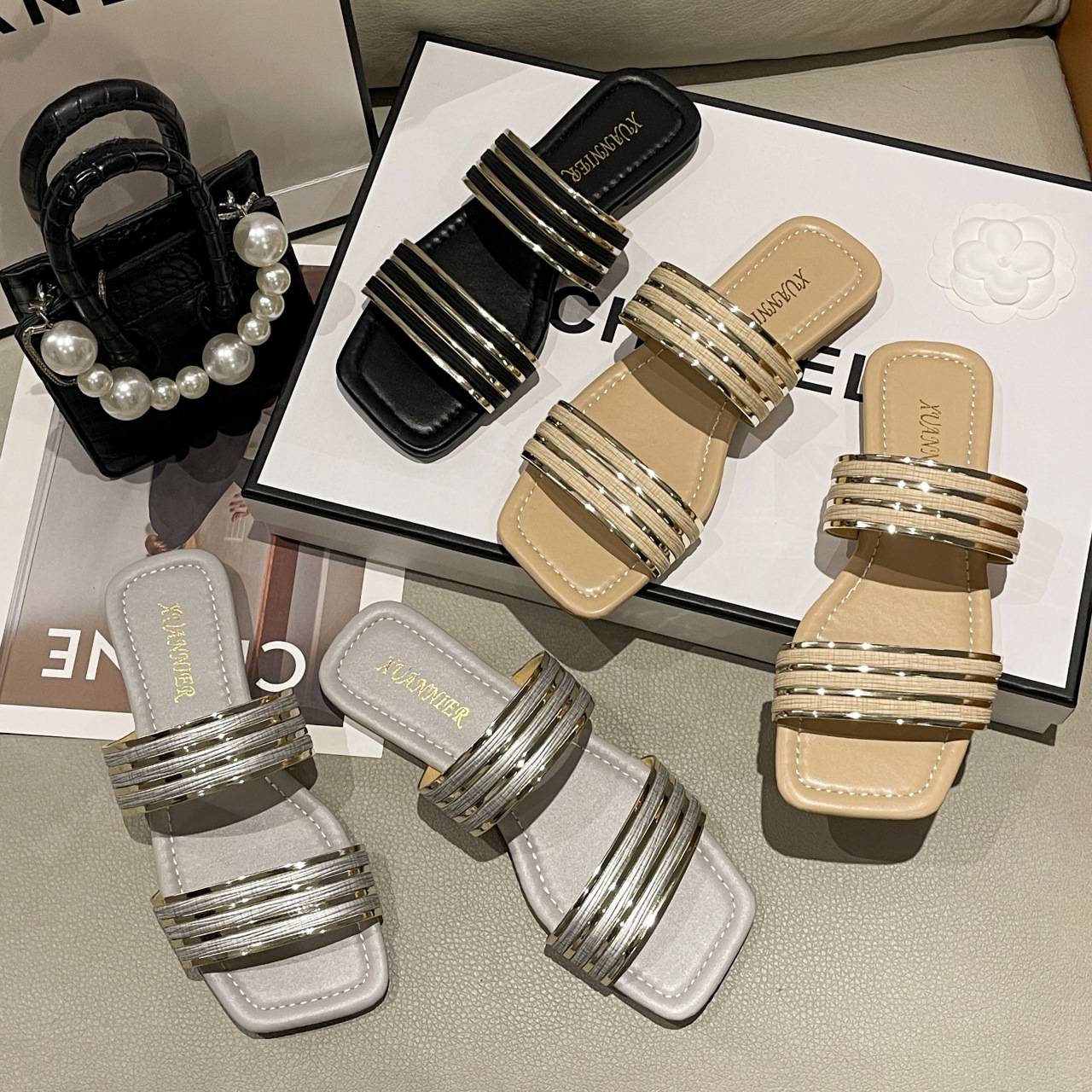 Flat sandals Gold Grey Black female shoes over size 35 36 -41 42 43 CRRshop free shipping best sell women Square toe casual outer wear oversized beach sandals