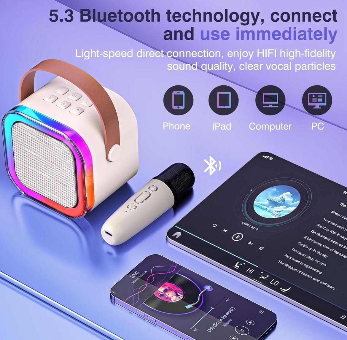 Mini Karaoke Machine, Portable Bluetooth Speaker with 2 Wireless Microphones, Outdoor Live Home K-song Bluetooth Audio with Microphone, Christmas and Birthday Gifts Suitable for Girls and boys