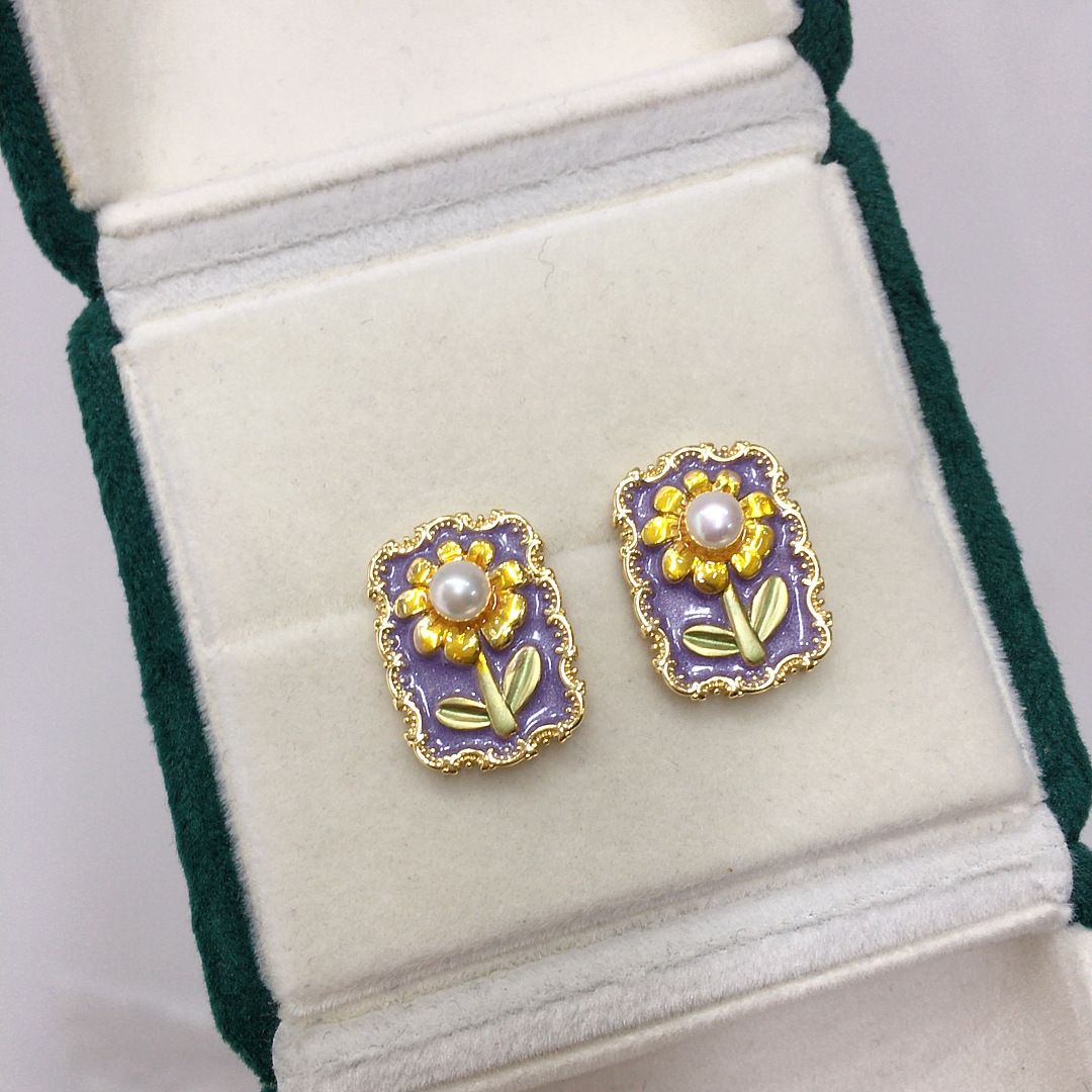 5A level high gloss flawless natural freshwater pearl pendant earring set in medieval oil painting style