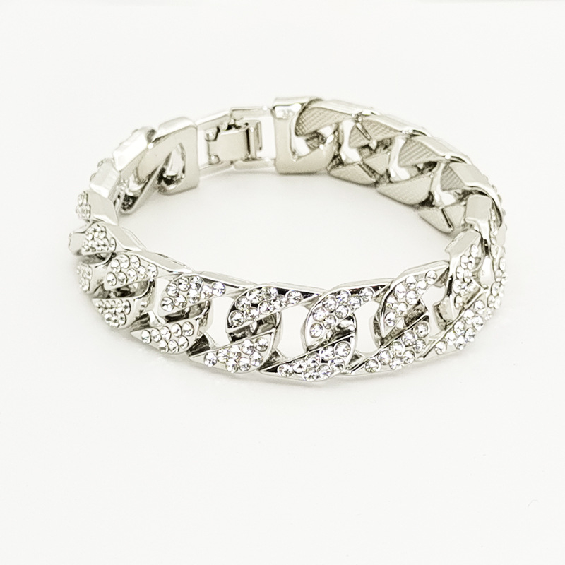 A031 12mm Bold Cuban Chain Bracelets for Men,Full Iced Out Rhinestones Links, Bling Crystal Curb Chain Punk Hiphop Bracelet