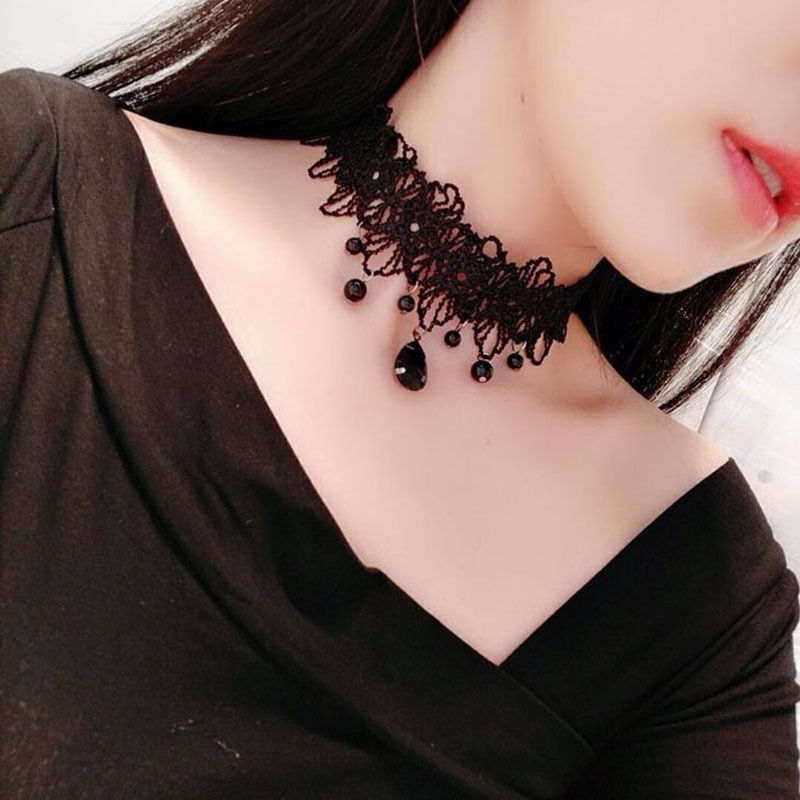 SC609893 Fashion Dark Gothic Style Crystal Tassel Tattoo Choker Necklace Black Lace Choker Collar Vintage Women Wedding Cheap Jewelry