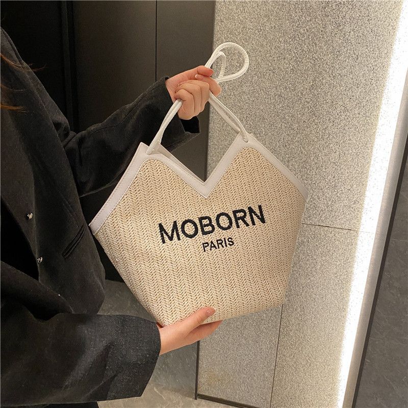5626 Fashion Casual Straw Woven Women Tote Bags Luxury Pu Leather Handle Shoulder Bag Letter Print Ladies Handbags Summer Beach Bag