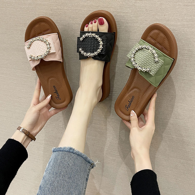 Women Summer Slippers Square Toe Chain Slippers Casual Clip Toe Flip Flops Flat Sandals Beach Shoes
