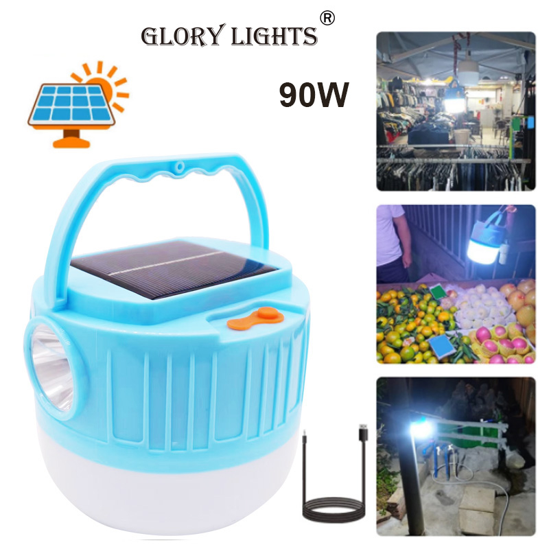 Glory lights 90W Solar Light LED Outdoor Camping Lamps USB Rechargeable 2 Modes Lamp Built-in Battery Portable Lantern Emergency Bulb