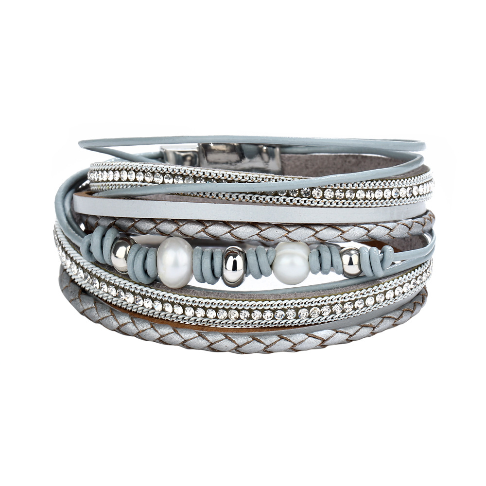 BJ593 Leather Wrap Bracelet Boho Cuff Bracelets Crystal Bead Bracelet with Magnetic Clasp Jewelry Gifts for Women Teen Girls