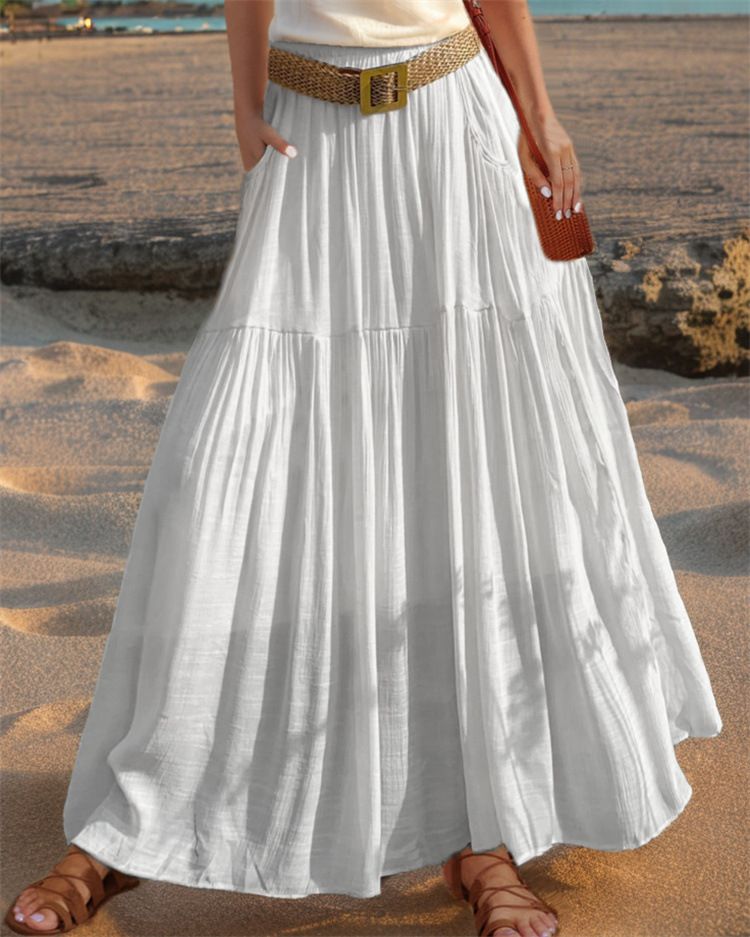 2026 New Arrival Women’s Solid Color Elastic Waist Skirt, Linen Cotton A-Line Maxi Flared Skirt with Removable Belt, Breathable Comfortable Casual Holiday Beach Long Half Skirt