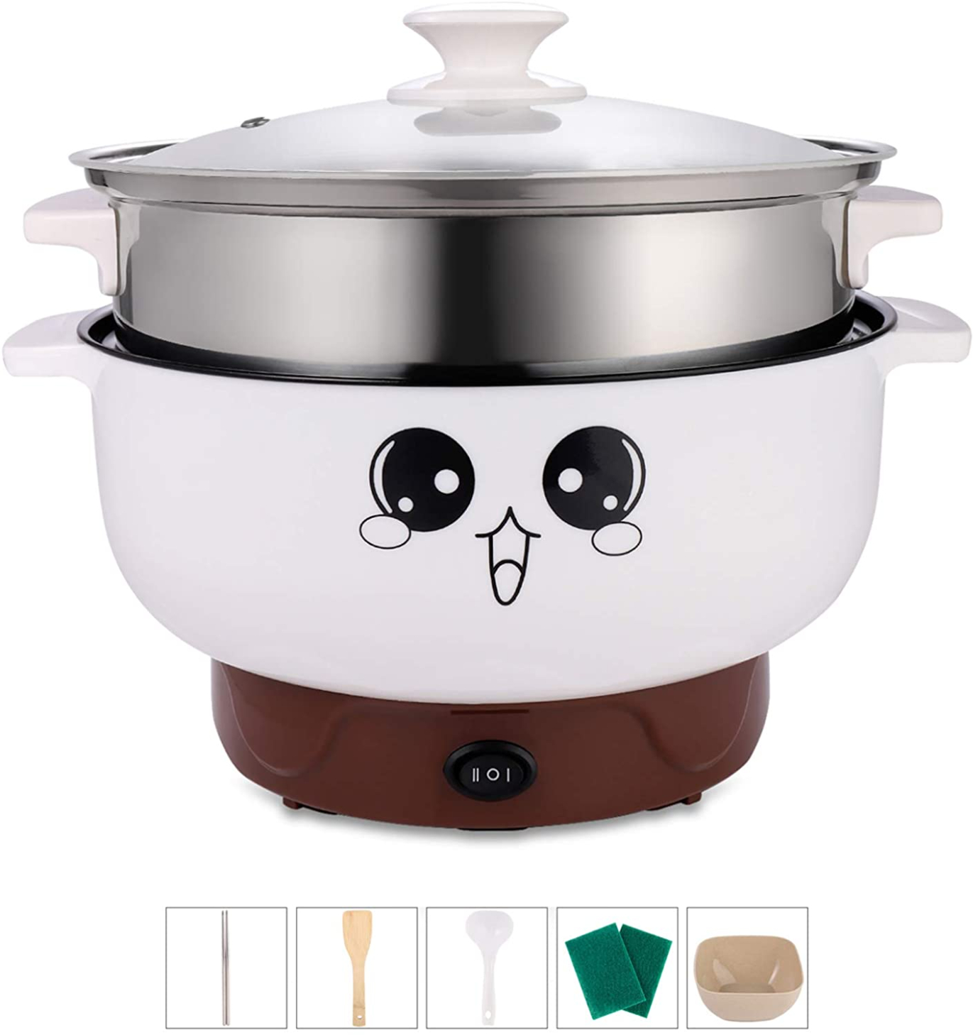 4-IN-1 Multifunction Electric Cooker Skillet Grill Pot Wok Electric Hot Pot for Noodles Cook Rice Fried Stew Soup Steamed Fish Boiled Egg Small Non-stick (2.3L, with Lid and Steamer)