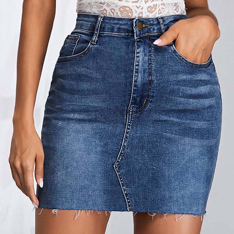 CL881-1 Women's High Waisted Jean Skirt Fringed Slim Fit Denim Mini Skirt