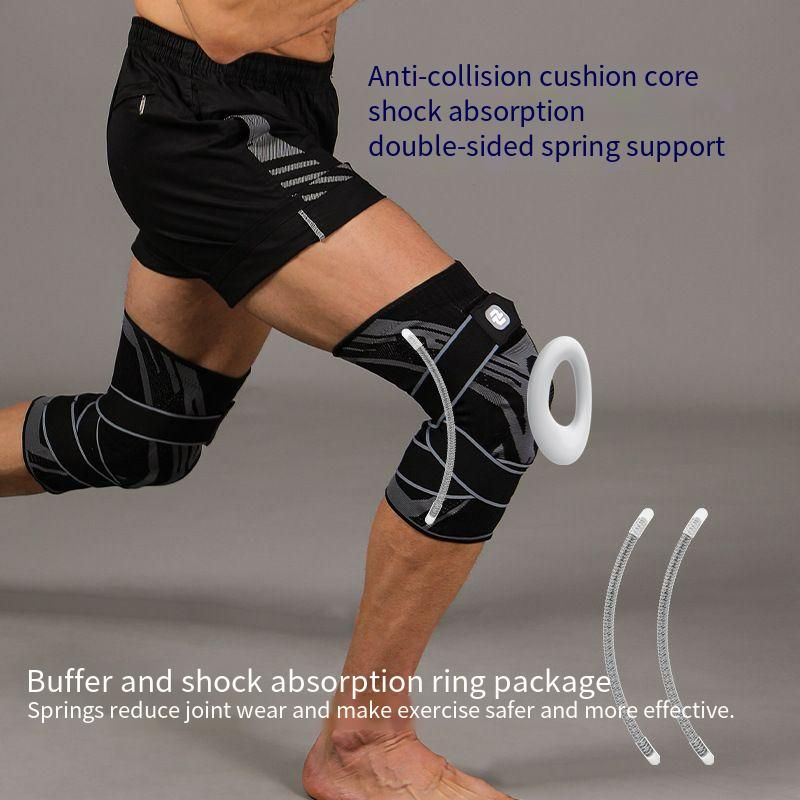Dual Spring Support Anti-Collision Knee Sleeve, Nylon Knitted Compression Knee Protector With Double Straps Stabilizer, Shock Absorbing Pad Circumferential Wrap Knee Guard For Basketball Football Volleyball Badminton Outdoor Sports, 4 Sizes M/L/XL/XXL, 4 Colors Black-Grey White-Grey Blue-Grey Cyan-Green, Custom Logo OEM ODM Available
