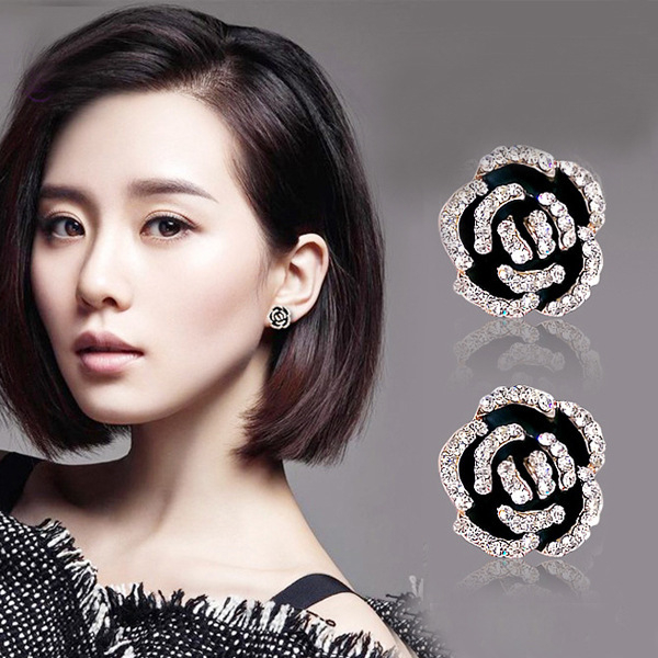 H140 Women's Vintage Black Diamond Flower Earrings Jewelry Gift