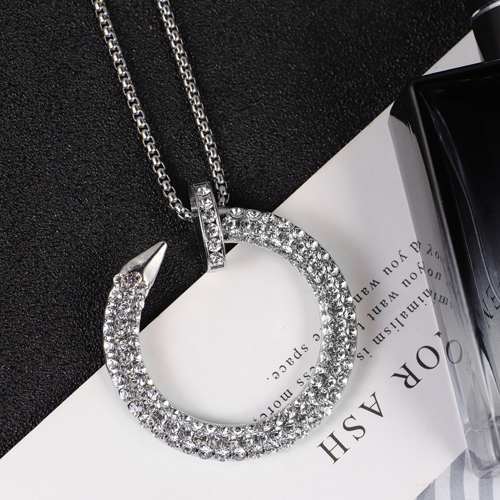 023 Full Diamond Nail Pendant Necklace Fashion Personality Light Luxury Long Necklace